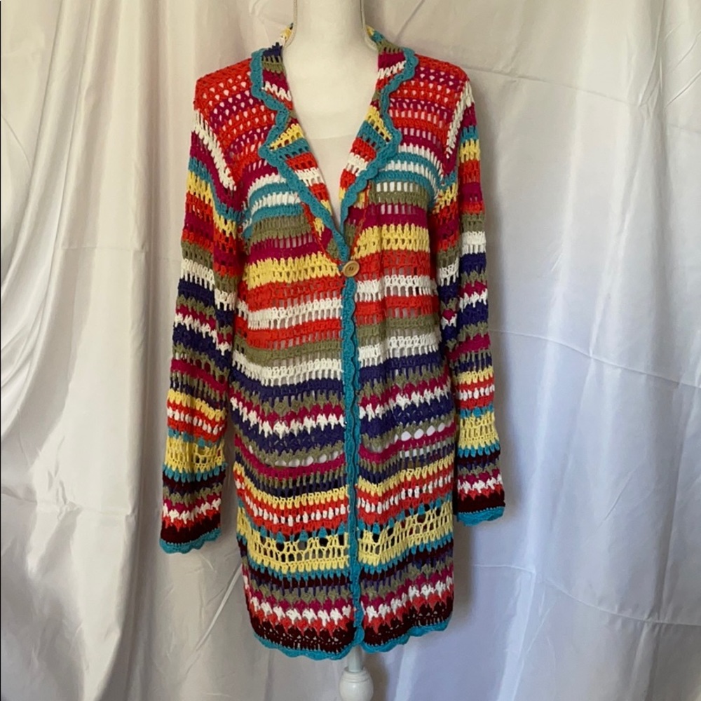 Multi-colored crocheted long-sleeve tunic